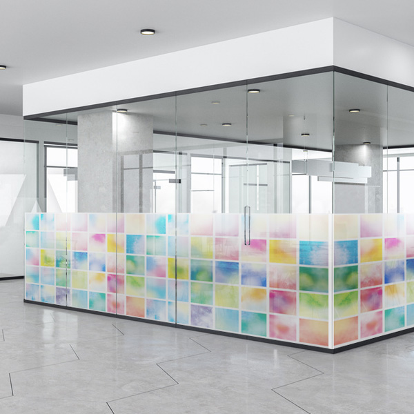 カラフル,水彩画風,タイル柄,幾何学柄,ガラス,シール,目隠し,日除け,ガラスフィルム,台風,養生テープ,防犯用