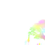 白の背景にレインボーの動物と木のデザイン