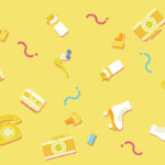 黄色の背景にレトロなモチーフが並んだデザイン