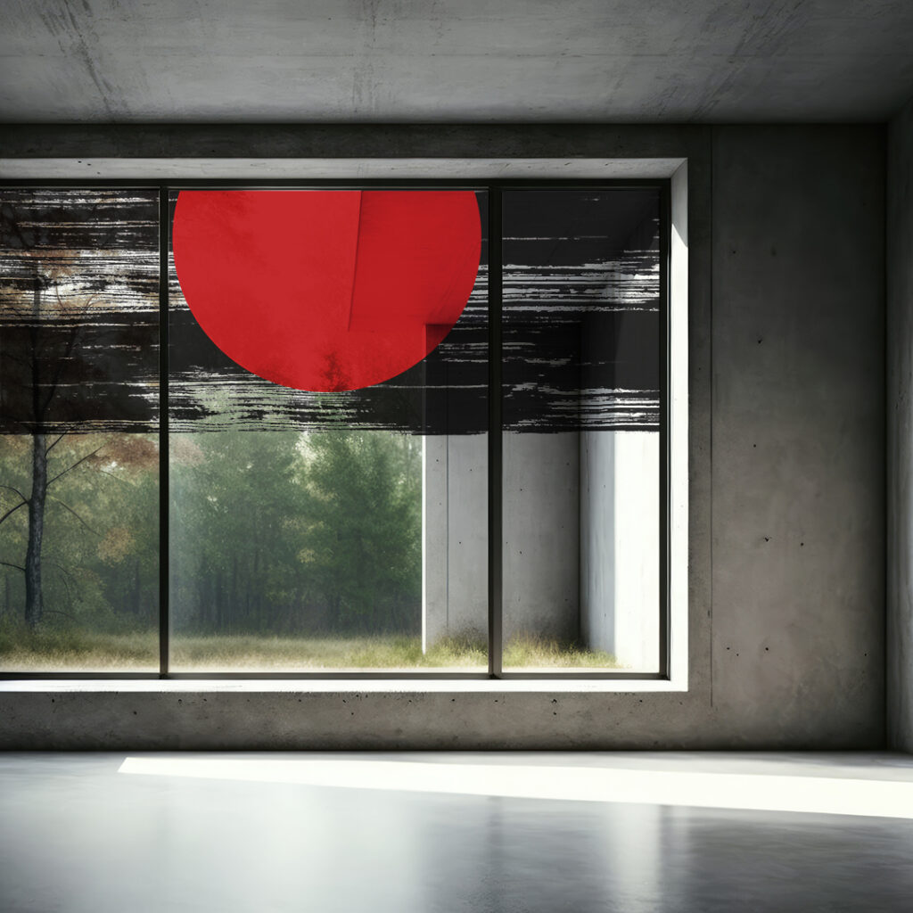 筆で描いた線と日の丸のガラスフィルム