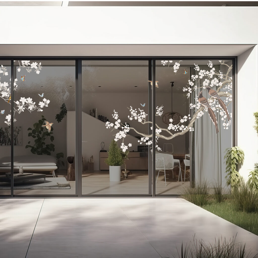 シノワズリをモチーフにした鳥と木のガラスフィルム