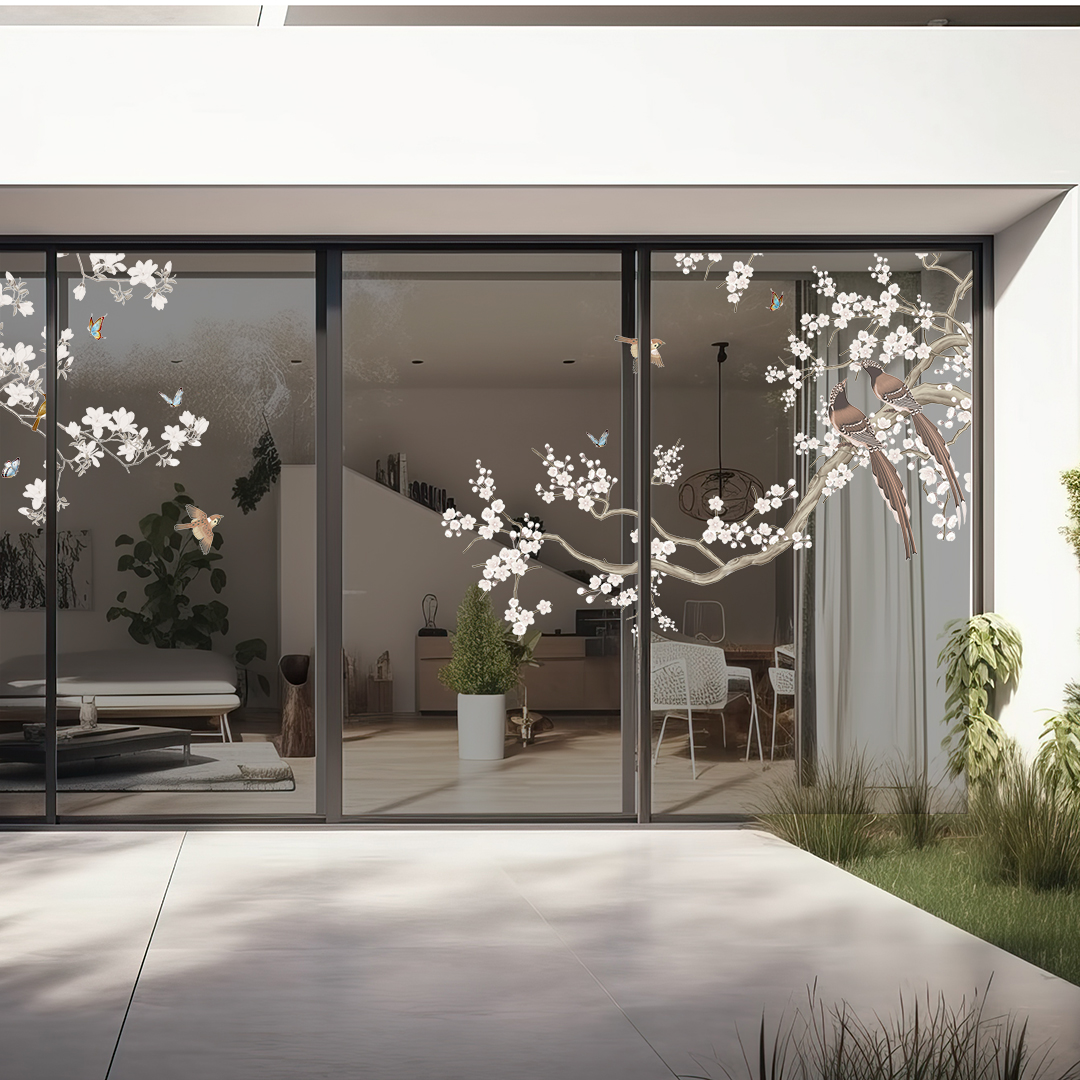 シノワズリをモチーフにした鳥と木のガラスフィルム