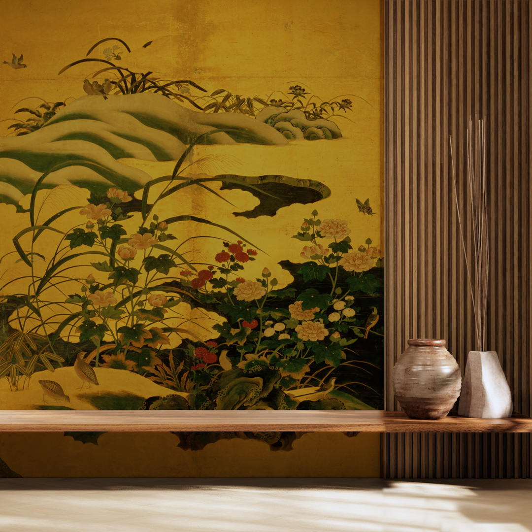 四季草花小禽図屏風