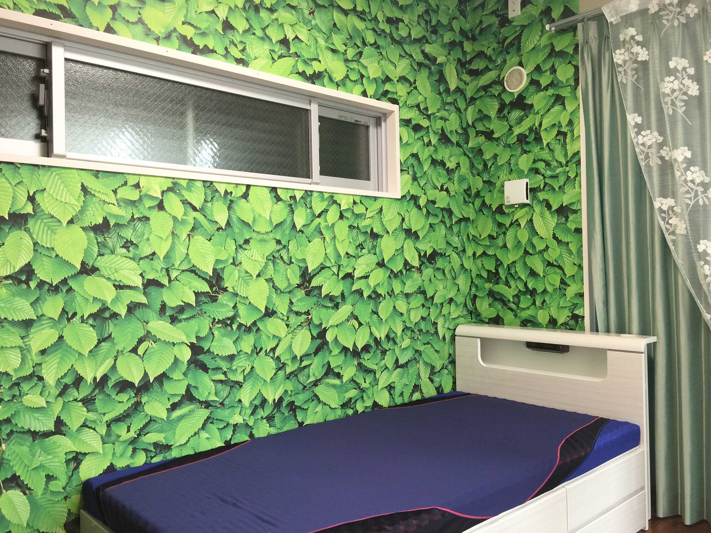 施工事例,緑,植物,寝室,壁紙