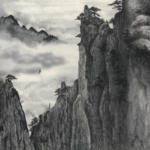 中国の山脈を描いた水墨画のデザイン壁紙