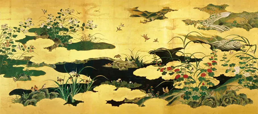 四季草花小禽図屏風　右隻