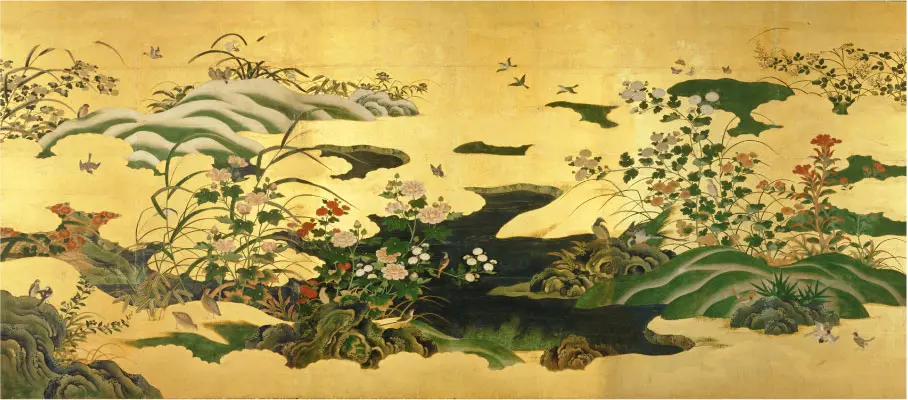四季草花小禽図屏風　左隻